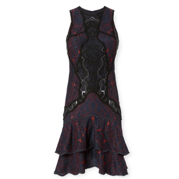 JONATHAN SIMKHAI Navy Two Tone‎ Lace Ruffled Hem Mini Dress